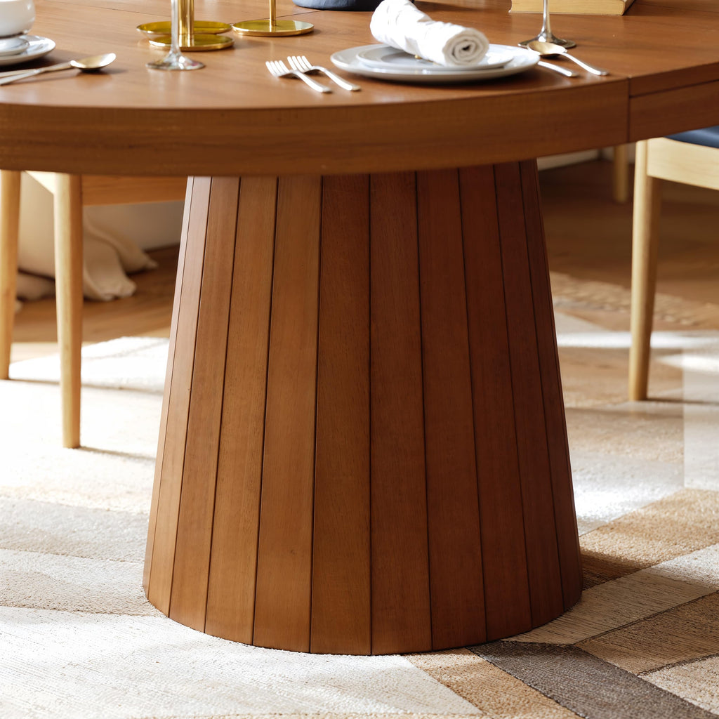 Extendable Dining Table Round to Oval 39"-55", Solid Wood Walnut Kitchen Table for 4-6 People, Space-Saving Design