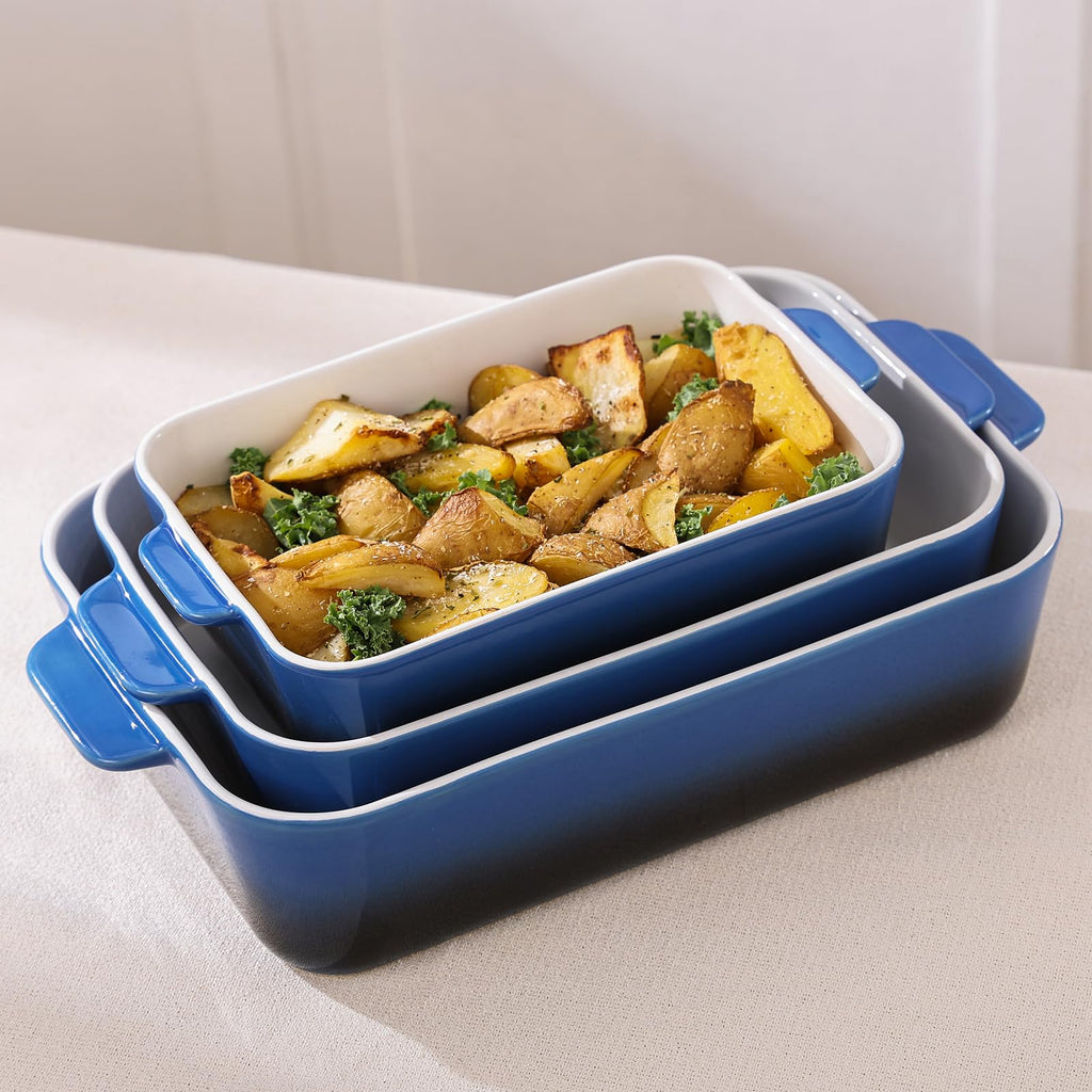 Ceramic Casserole Dish Set, Rectangular Baking Pans for Oven, Blue
