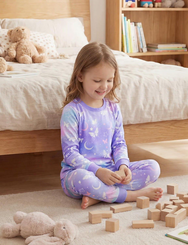 Toddler Pajamas 100% Organic Cotton Girls Boys Pajamas for Kids 4 Piece Snug Fit Long & Short Sleeves Pjs Set