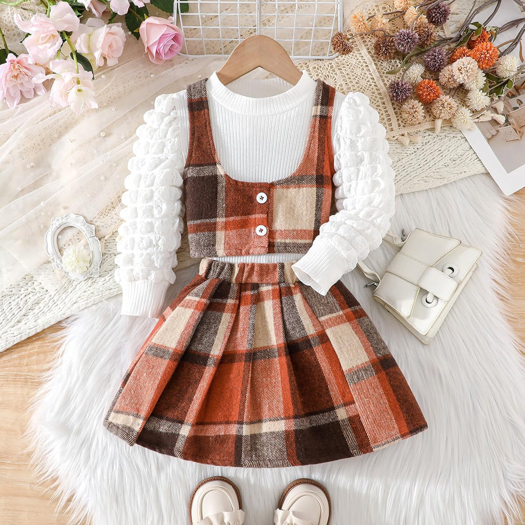 Toddler Girls Plaid Outfits Puff Sleeve Knit Ribbed Tops Button Down Vest Plaid Skirt Set Girls Fall Winter Clothes