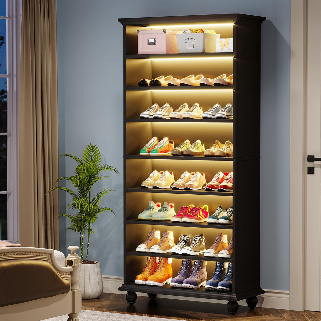 Narrow Tall Shoe Cabinet with LED Lighting, 9-Tier 30 Pairs Freestanding Shoes Storage Cabinet, Wood Shoe Organizer