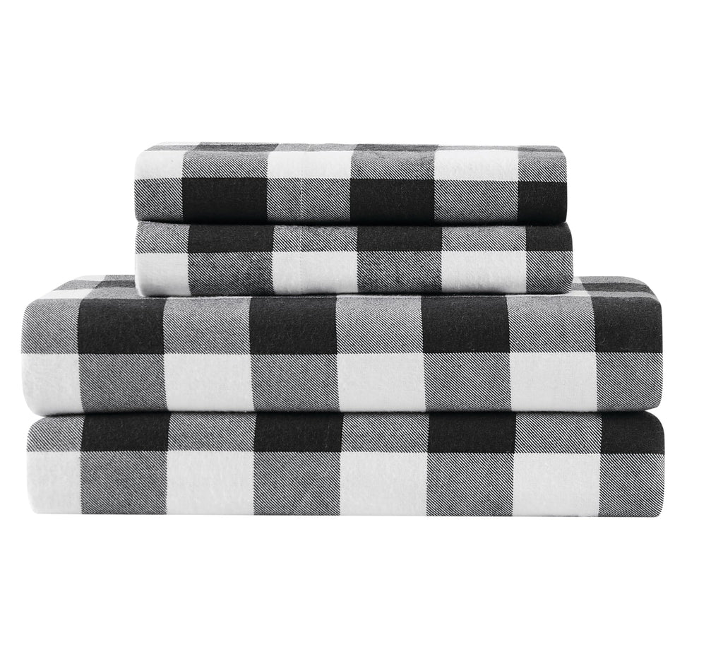 Buffalo Check Flannel 4-Piece Sheet Set in White and Black, Cotton, Adult, All Season, Oeko-TEX Certified