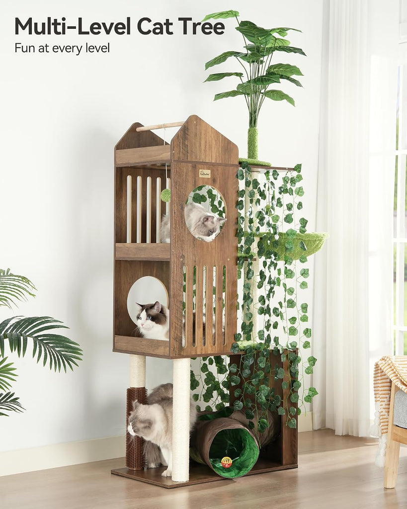 Large Cat Tree with Leaves, 72.8" Tall Cat Tower, Anti-tip Kit