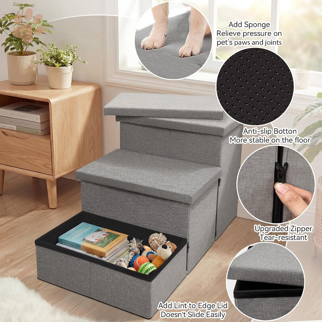 Dog Stairs with Storage, Grey 3 Steps Dog Ramp with Condo for Bed