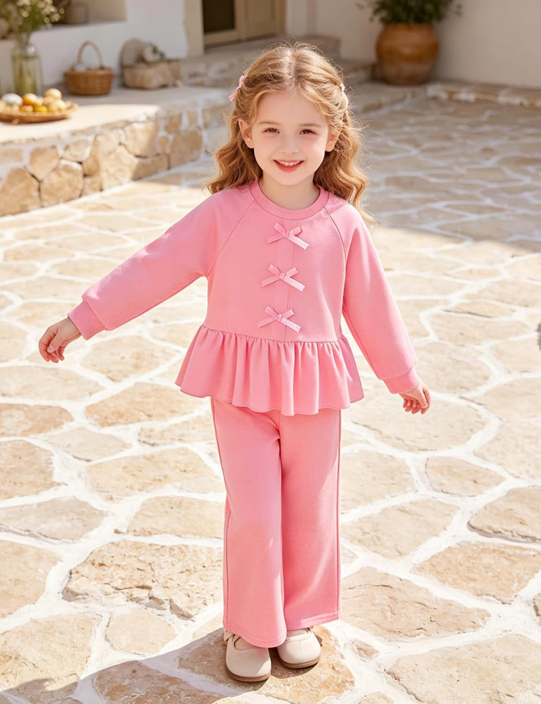 Toddler Girls Clothes 2 Piece Solid Long Sleeve Ruffle Shirt Top Wide Leg Pants Sets Fall Winter Outfits