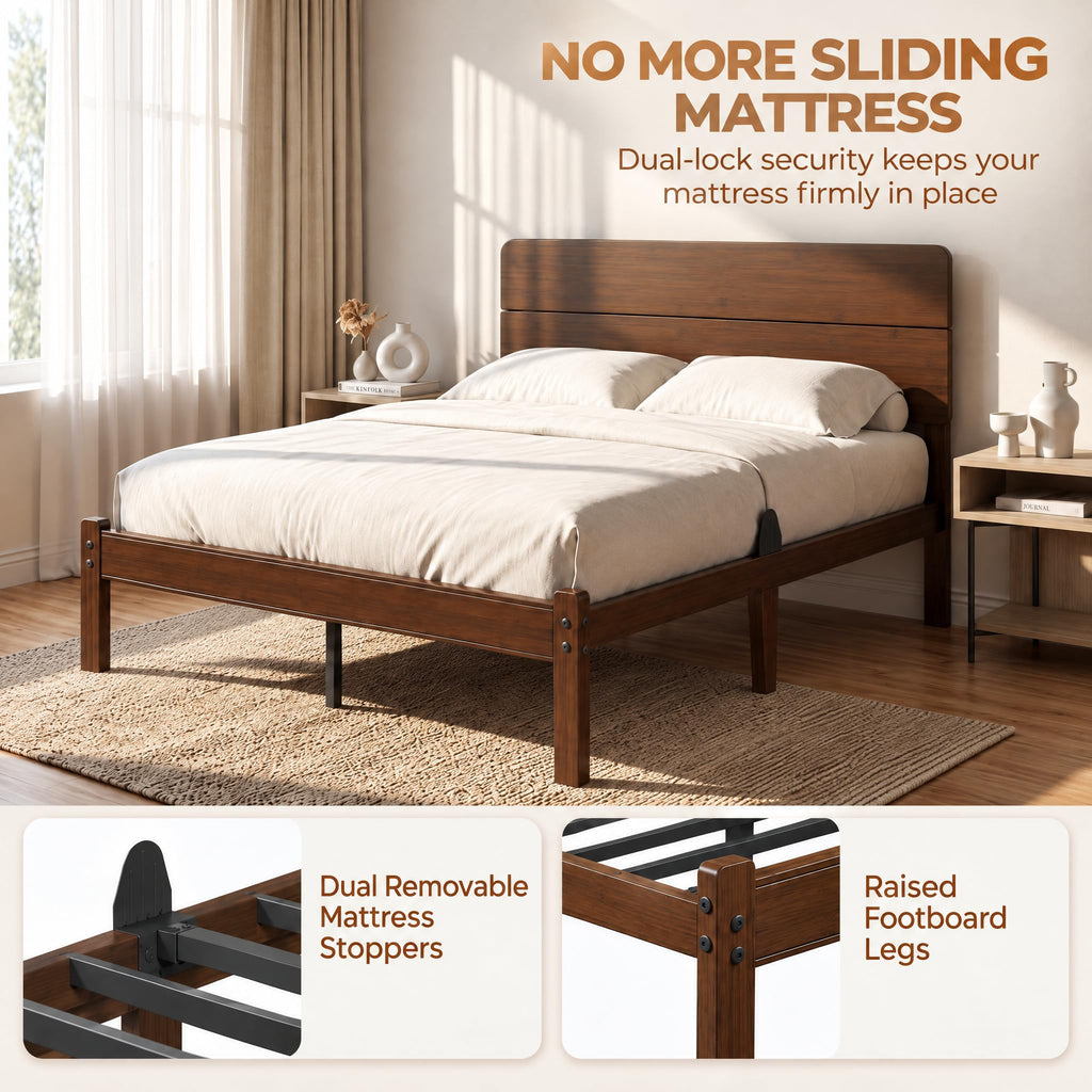 14" Solid Bamboo Wood Queen Platform Bed Frame with Headboard