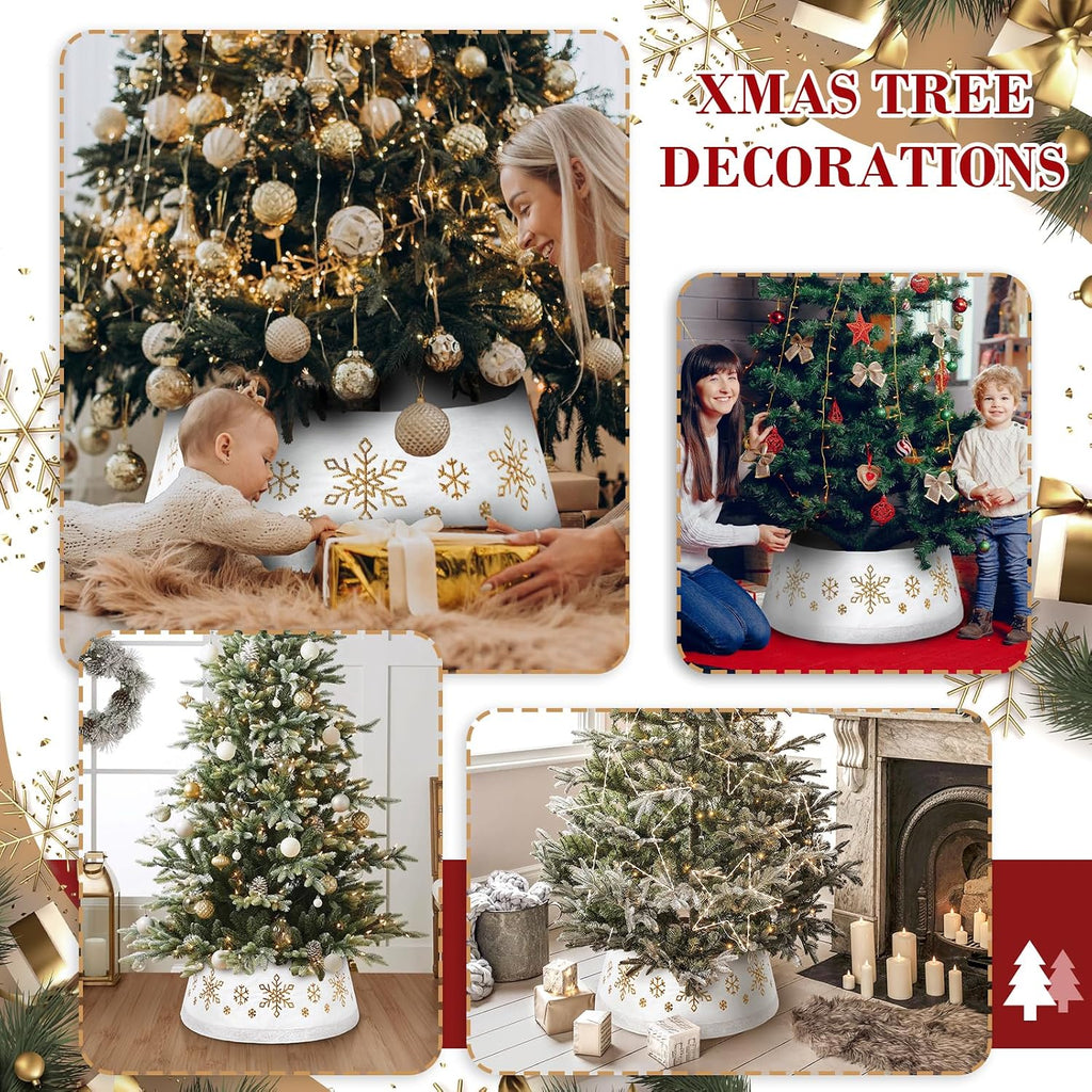 Christmas White Tree Collar Ring, 30'' Plush Gold Snowflake Sequin Tree Skirt, Christmas Artificial Tree Base Stand