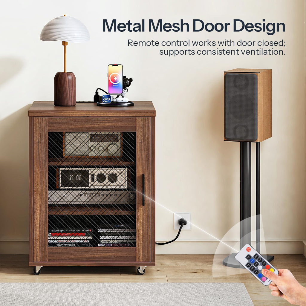 Media Cabinet with Charging Station, Stereo Cabinet with Wheels, Audio-Video Media Stand with Adjustable Shelves and