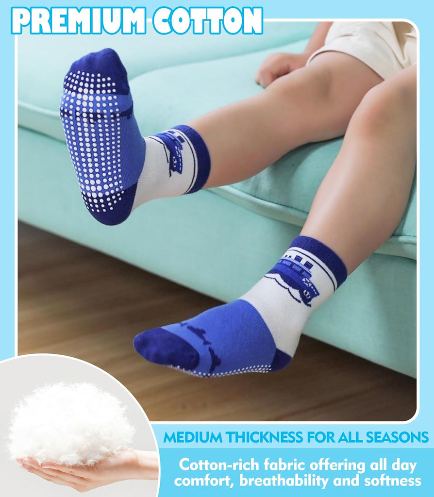 Toddlers Boys Non Slip Grip Socks Crew Cotton Socks with Grippers - 12 Pairs