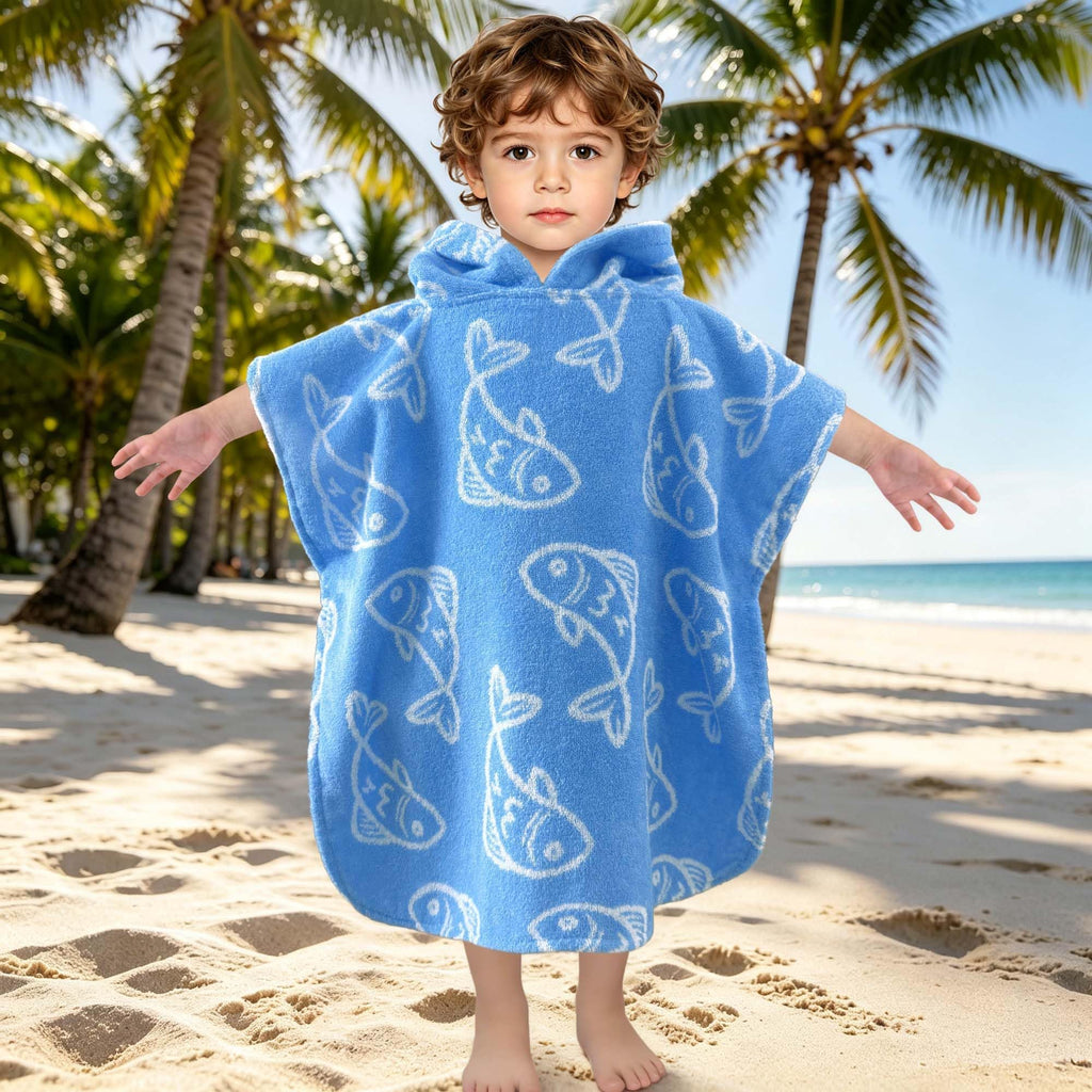 Toddler Hooded Poncho Towel 1-3Y,100% Cotton, Blue Fish