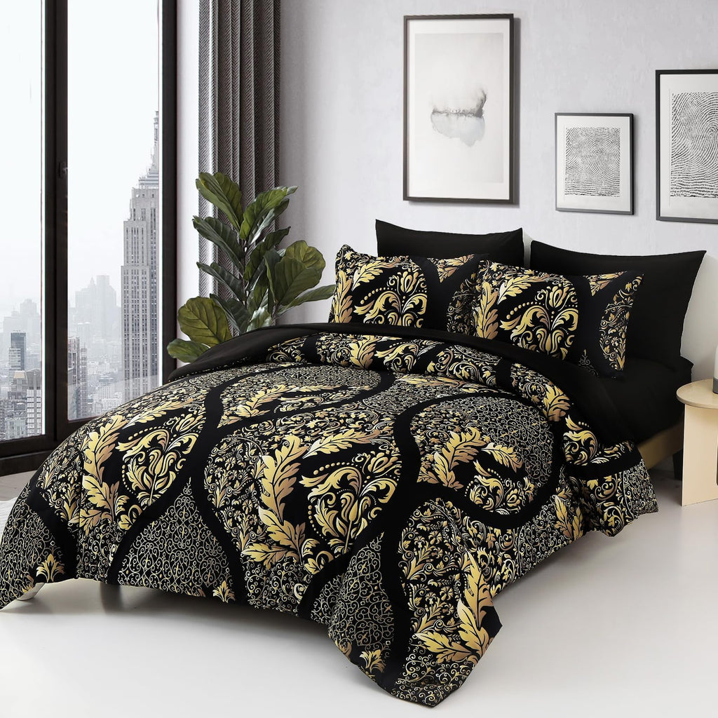 Black Gold Comforter Set King Size, 7 Pieces Bohemian Damask Comforter Set Soft Lightweight Microfiber Bedding Set