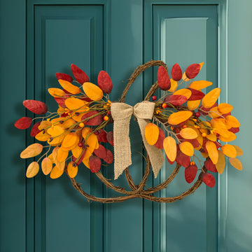 Pumpkin Fall Wreath for Front Door Outside with Bow & Colorful Leaves
