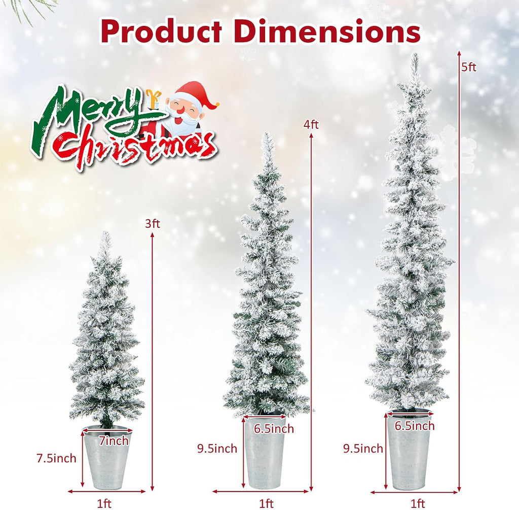 Set of 3 Artificial Snow Flocked Christmas Tree, 3' 4' 5' Slim Pencil Xmas Tree with Silver Metal Buckets, Faux