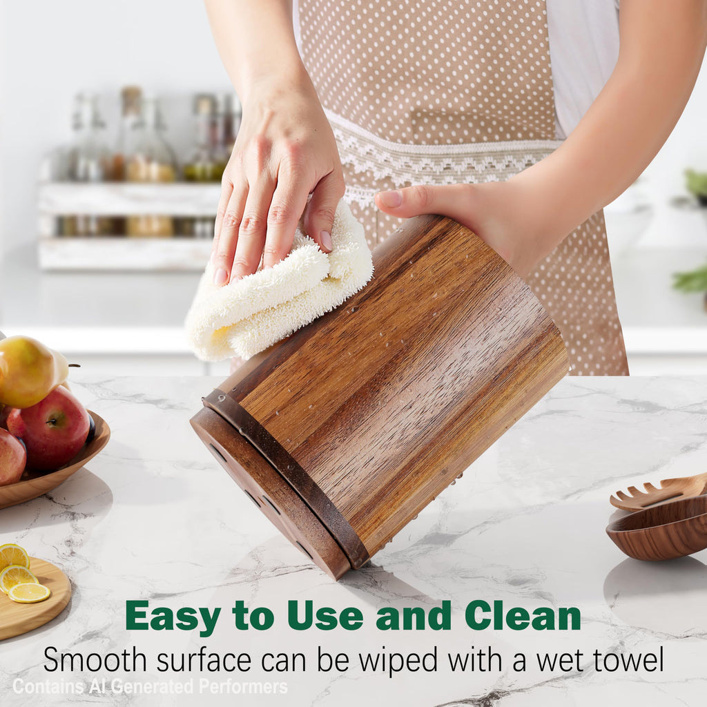 Utensil Holder, Acacia Wood Kitchen Utensil Holder for Countertop, 360°Rotating Cooking Utensil Crock Counter, 7.2"
