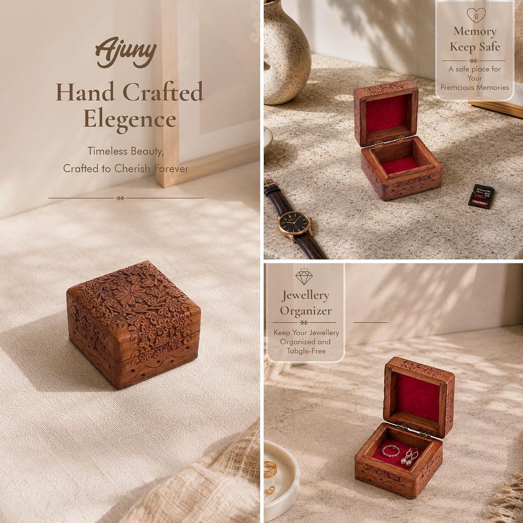 Wooden Hand Carved Jewelry Box Keepsake Treasure Chest Organizer