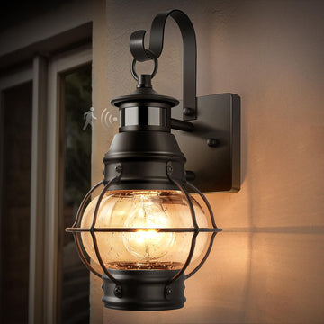 Motion Sensor Outdoor Wall Light, Dusk to Dawn Porch Light, Black