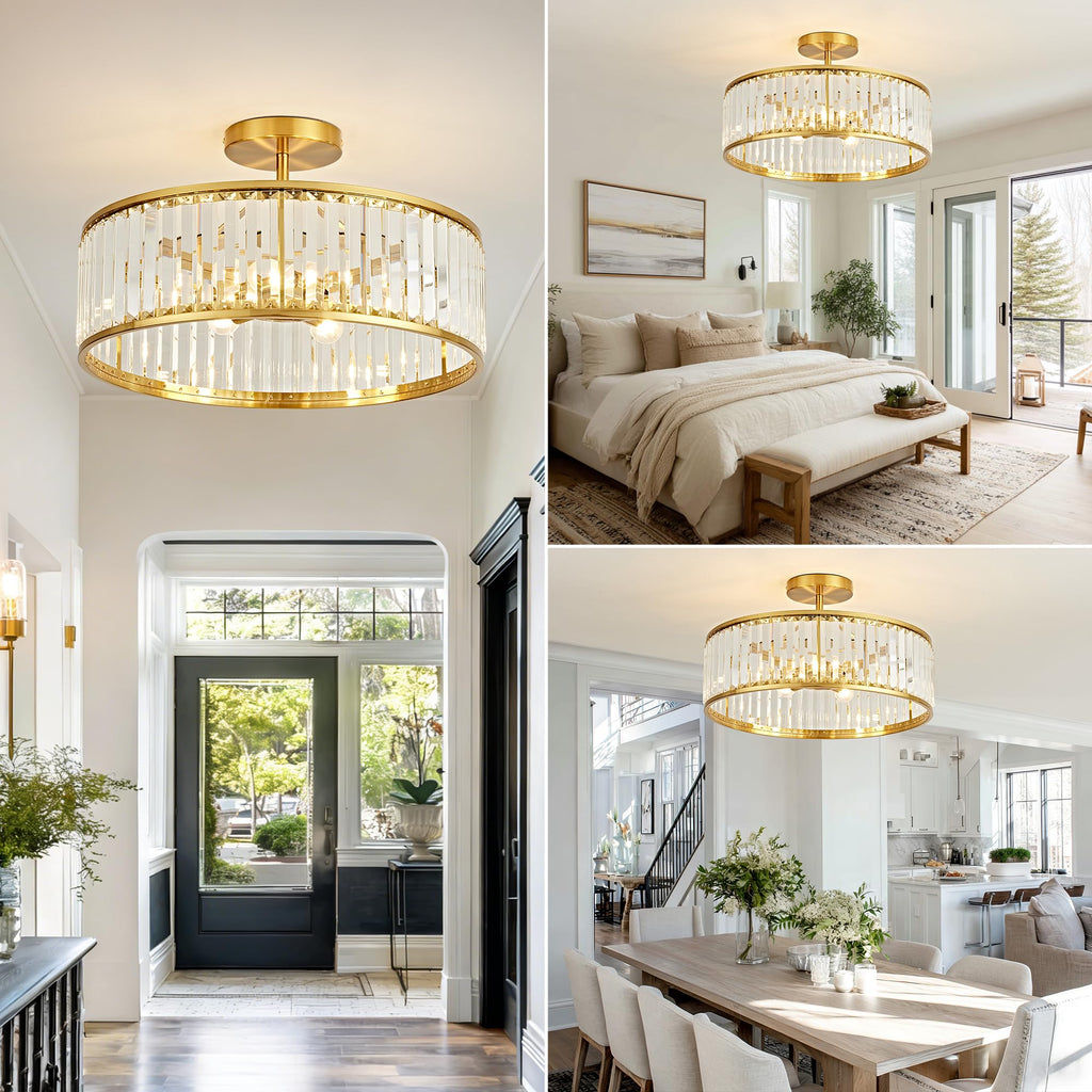19.7" Modern Crystal Chandeliers Semi Flush Mount Ceiling Light, Large Round Crystal Chandelier Ceiling Lights