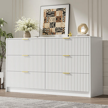 55" Wide Fluted 6-Drawer Double Dresser, White