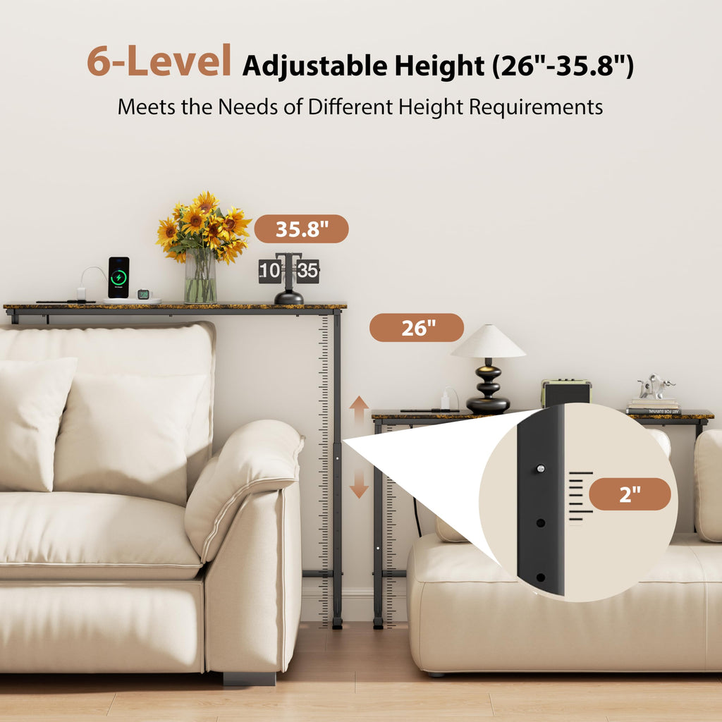 45" Adjustable Height Narrow Console Table with Power Outlets, Long Sofa Table with Charging Station Behind Couch