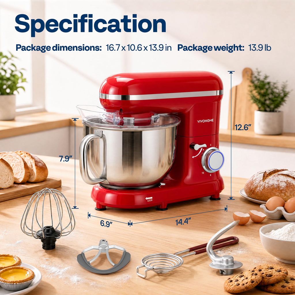 Stand Mixer, 6-Quart Tilt-Head Kitchen Mixer with Bowl, Red