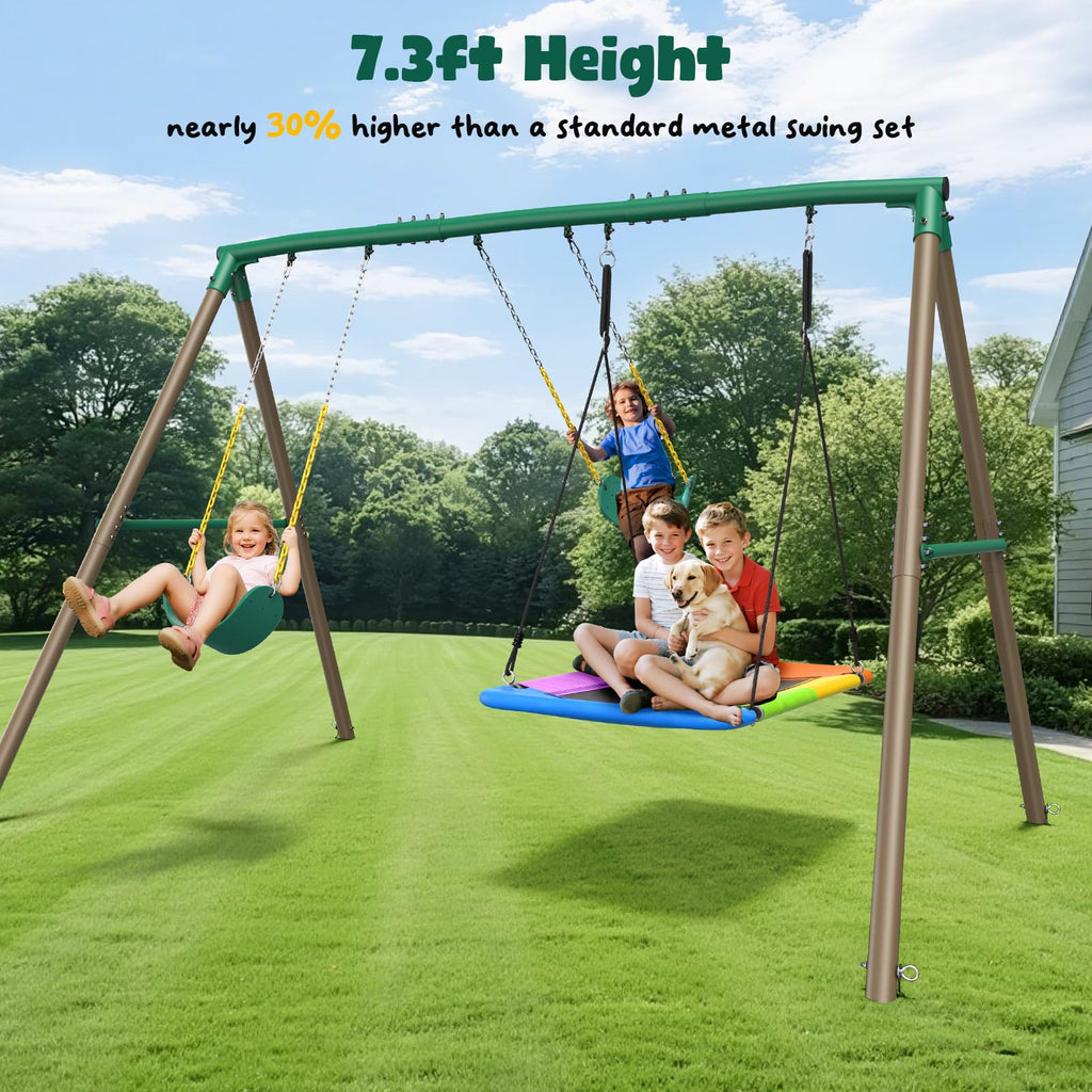 7.3ft Tall Swing Set for Backyard with 3 Swings (Brown & Green)