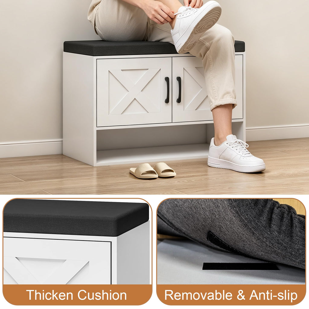 Farmhouse Shoe Storage Bench, Wooden End of Bed Bench, Shoe Storage Cabinet with Seat Cushion, Adjustable Shelf and