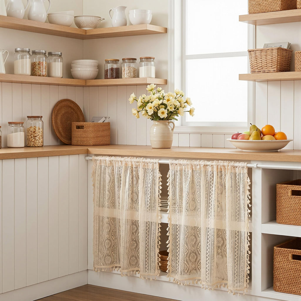 Beige Lace Tier Curtains 24 Inch Length 2 Panels Kitchen Cafe Sheer Short Boho Half Country Rod Pocket Curtains for