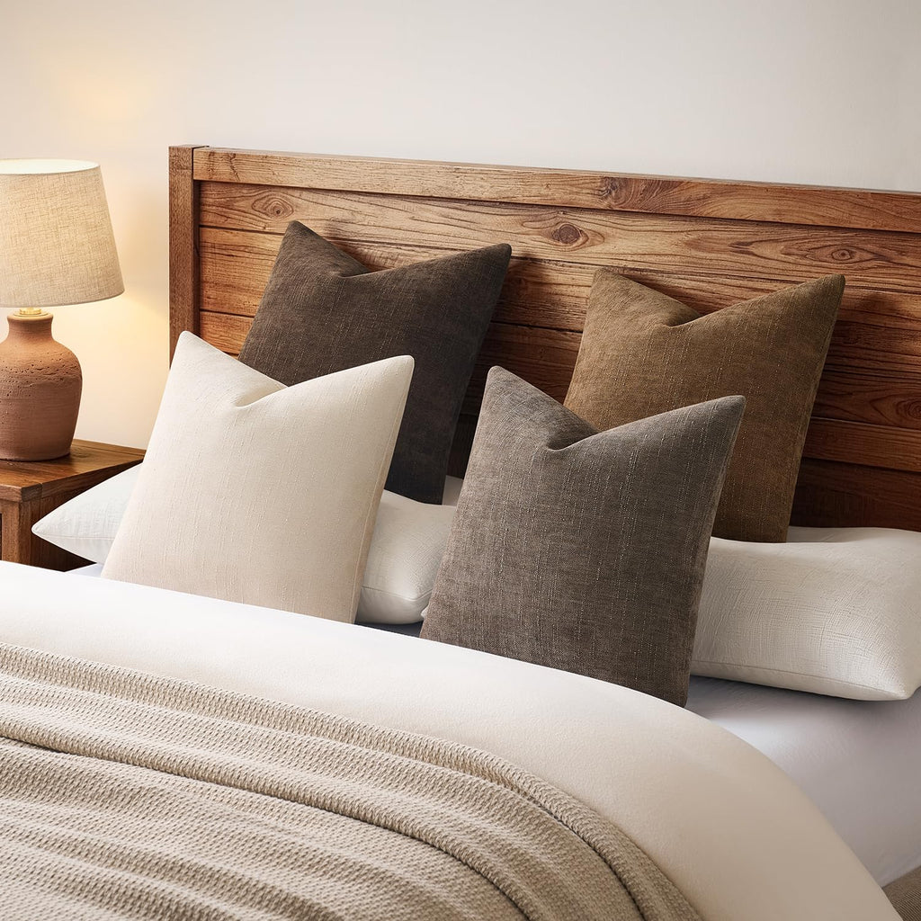 Pack of 4 Throw Pillow Covers 18x18 Inch Chenille Textured Neutral Brown Soft Pillow Covers Solid Decorative