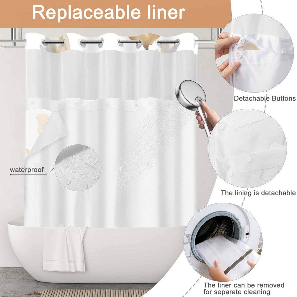 No Hook Shower Curtain and Liner Set, Orange Boho Floral 71x84