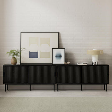 TV Stands Set of 2 Farmhouse Entertainment Center with Fluted Sliding Doors TV Console Cabinet with Adjustable Shelf