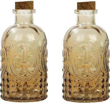 Amber Glass Reed Diffuser Bottles,Apothecary Diffuser Decorative Bottles with Cork Lid,Small Flower Bud - Set of 2
