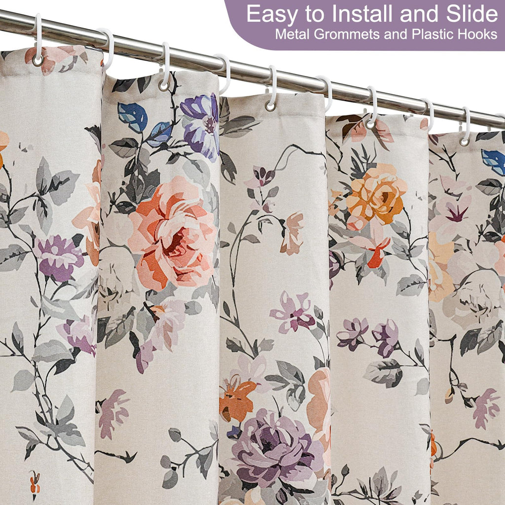 Vintage Floral 72x84, Lightweight Faux Linen Fabric Bathroom Curtains, Shabby Chic Purple and Pink Rose Cottagecore