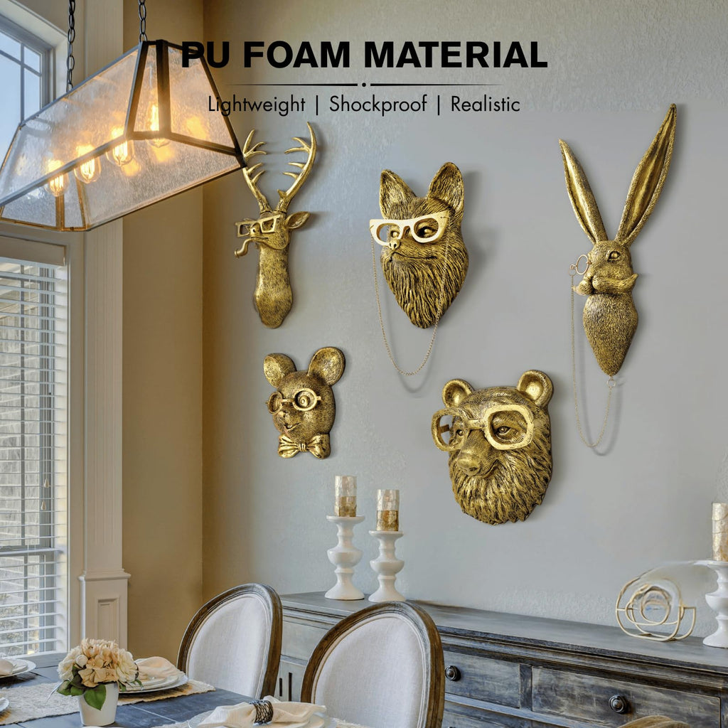 5 PCS Animals Head Wall Art Sculptures 17 inchs Gold Office Vintage 3D Wall Decor Art for Whimsigoth Home Wall Decor