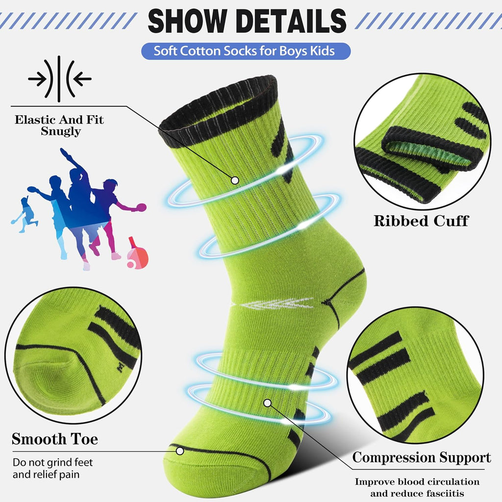6 Pairs Kids Boys Socks Athletic Basketball Sport Youth Crew Cotton Soft Breathable Socks for Outdoor