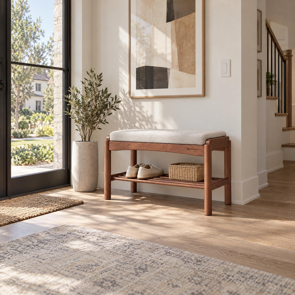 Solid Wood Shoe Bench, 24 Inch Entryway Bench with Light Gray Cushion