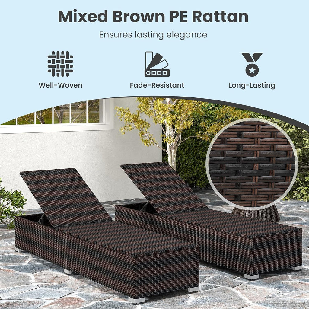 Outdoor Chaise Lounge, Patio Wicker Lounge Chair w/ 4-Level Backrest, Heavy-Duty Metal Frame, Outside Rattan