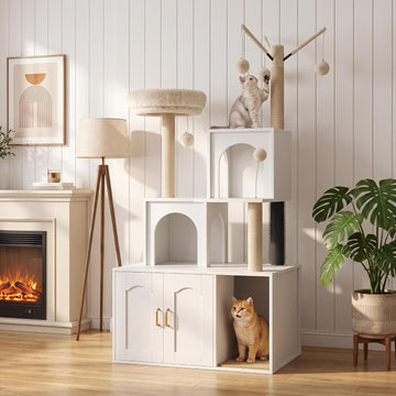 Cat Tree with Litter Box Enclosure All-in-One Cat Tower Cabinet Furniture