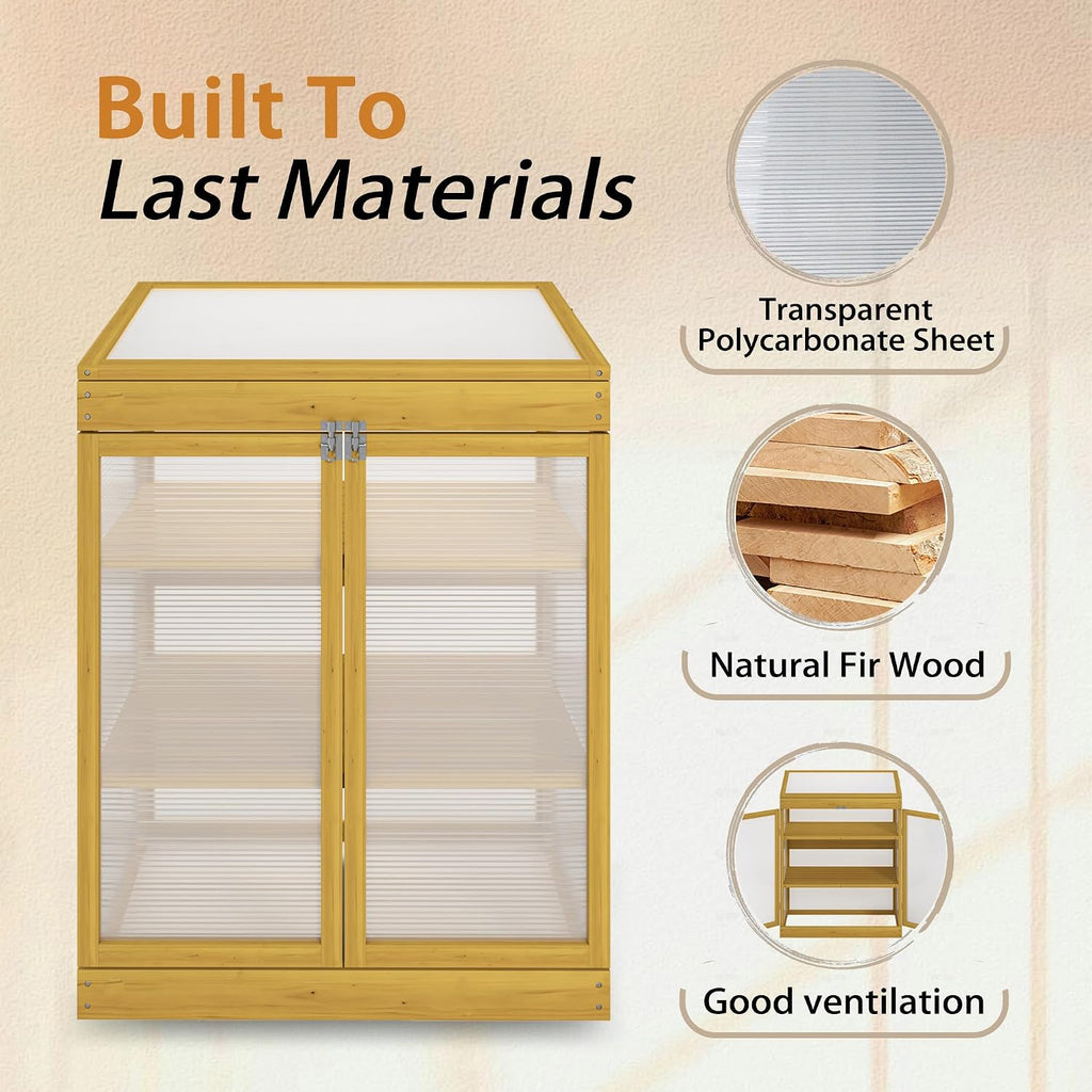 Wooden Cold Frame Greenhouse, 3-Tier Garden Portable Mini Greenhouse Cabinet with Openable Roof and Adjustable