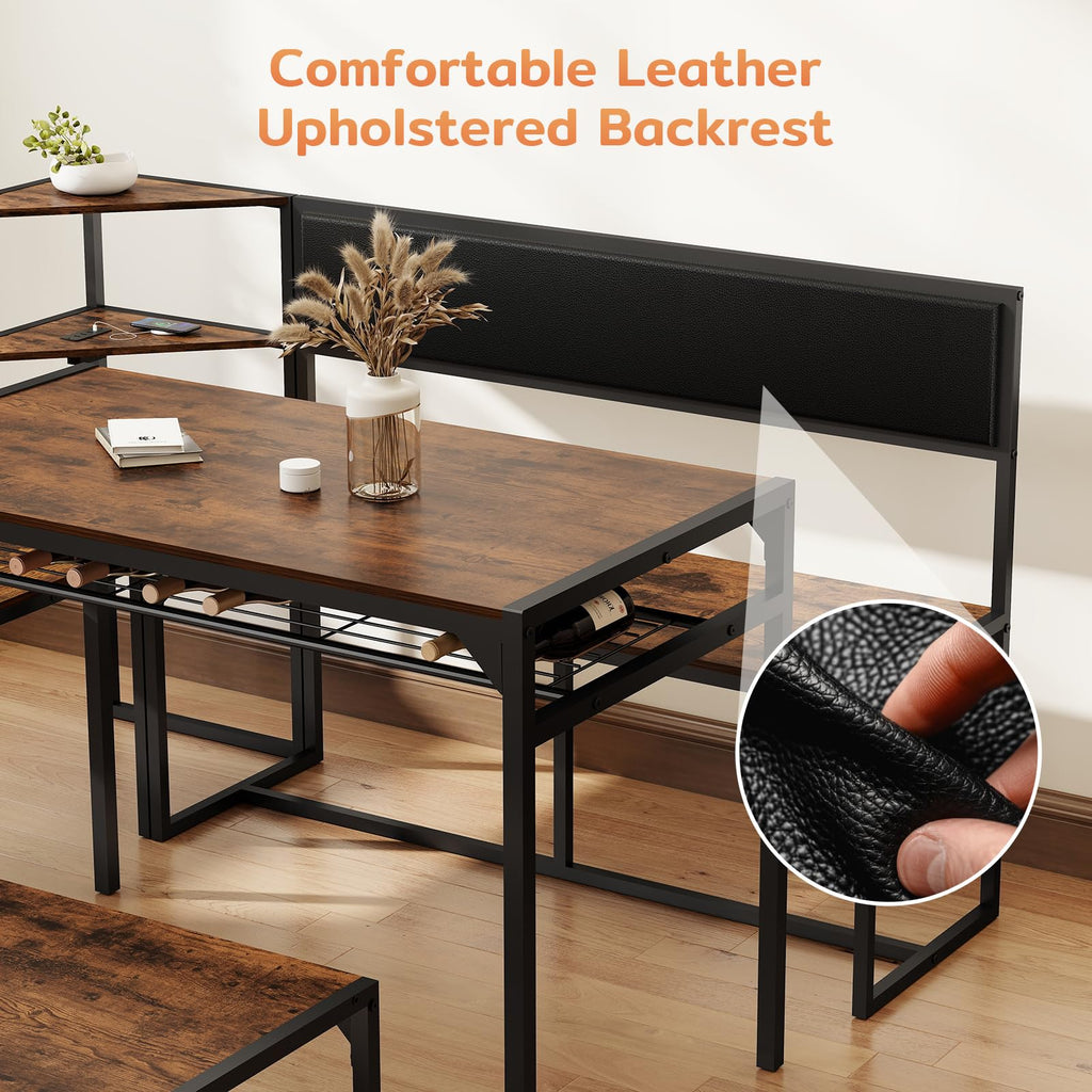 Kitchen Breakfast Nook Table Set for 4-6, with Charging Port, Brown