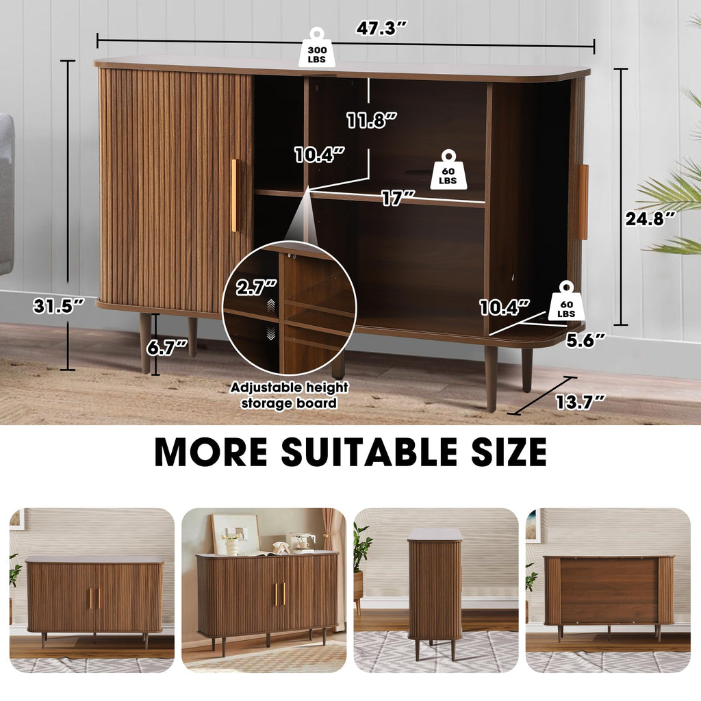47" Sideboard Buffet Cabinet with Fluted Slide Doors, Tambour Storage Cabinets with Adjustable Shelves, Credenza