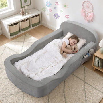 Montessori Toddler Floor Bed with Built-in Side Rails, All-Foam, No Assembly Needed, Light Grey
