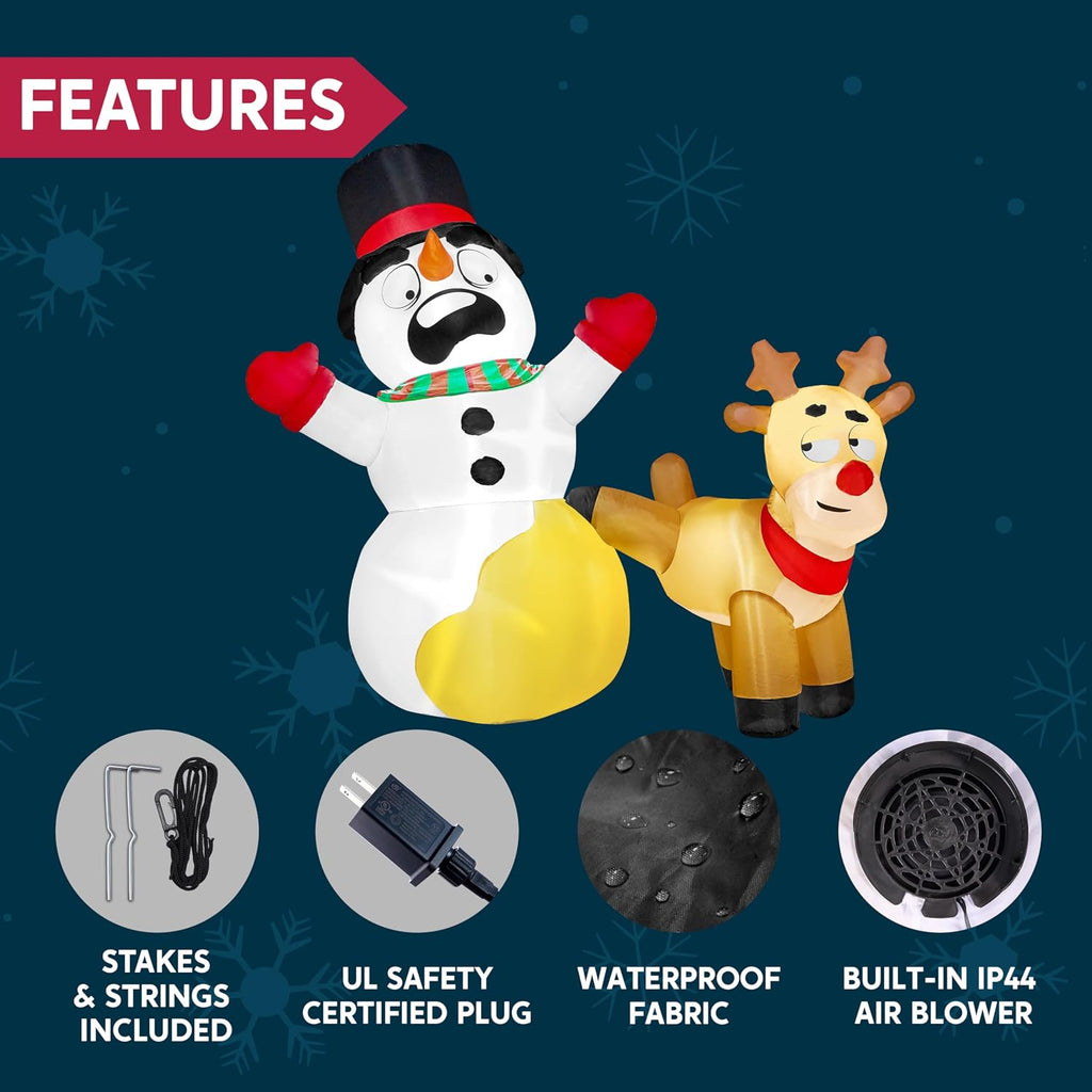 6.6 FT Long Christmas Inflatable Decoration Reindeer Peeing on Snowman, Blow Up Christmas Inflatables Outdoor