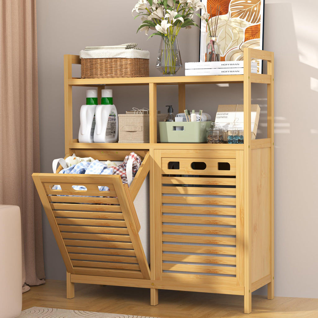 Tilt Out Laundry Hamper Cabinet, Bamboo Double Laundry Hamper with 2 Removable Laundry Baskets, 20 Gal Laundry Sorter