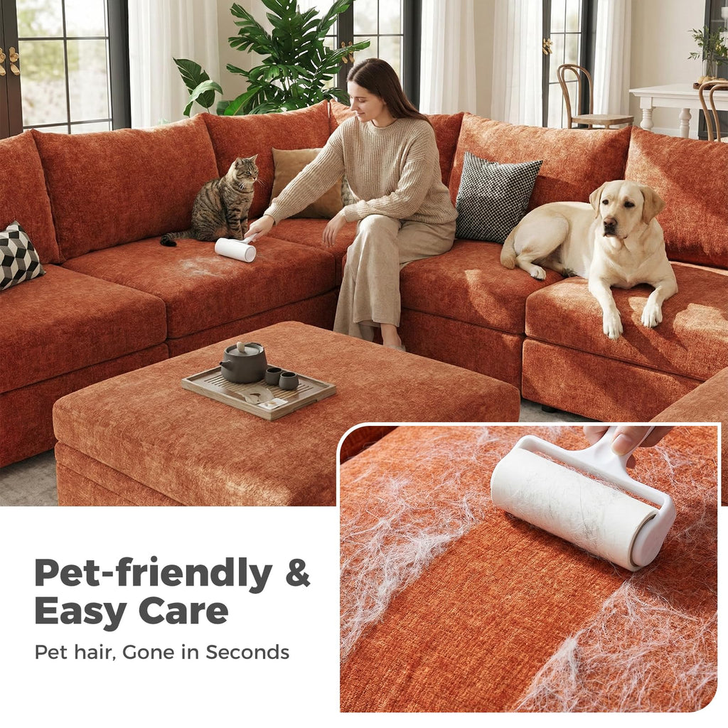 Oversized Loveseat Sofa, Modern Modular Sectional Couch Terracotta Orange Fluffy Chenille Mid Century 2-Seat 24.5"