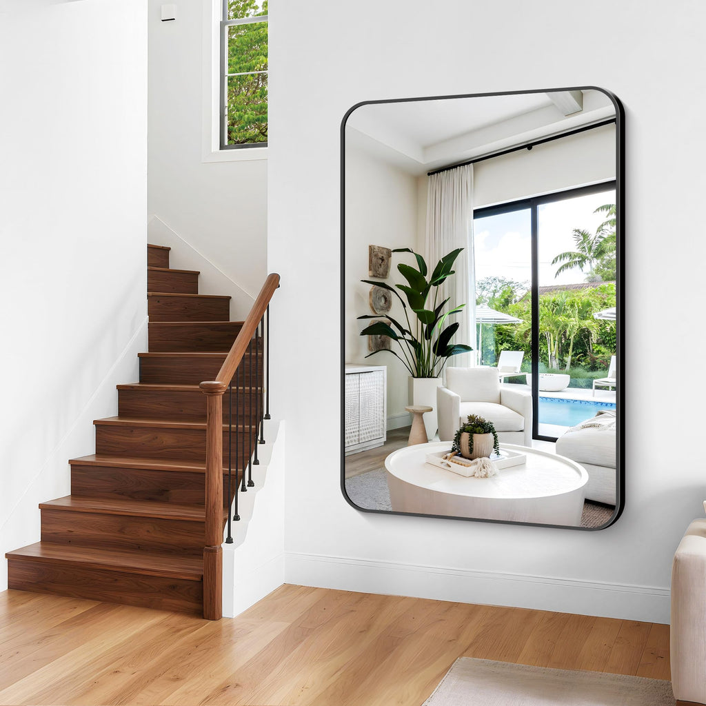 Large Bathroom Mirror, 60 x 40 inch Black Rectangle Mirror, Metal Framed Rectangular Vanity Mirror, Rounded Corner