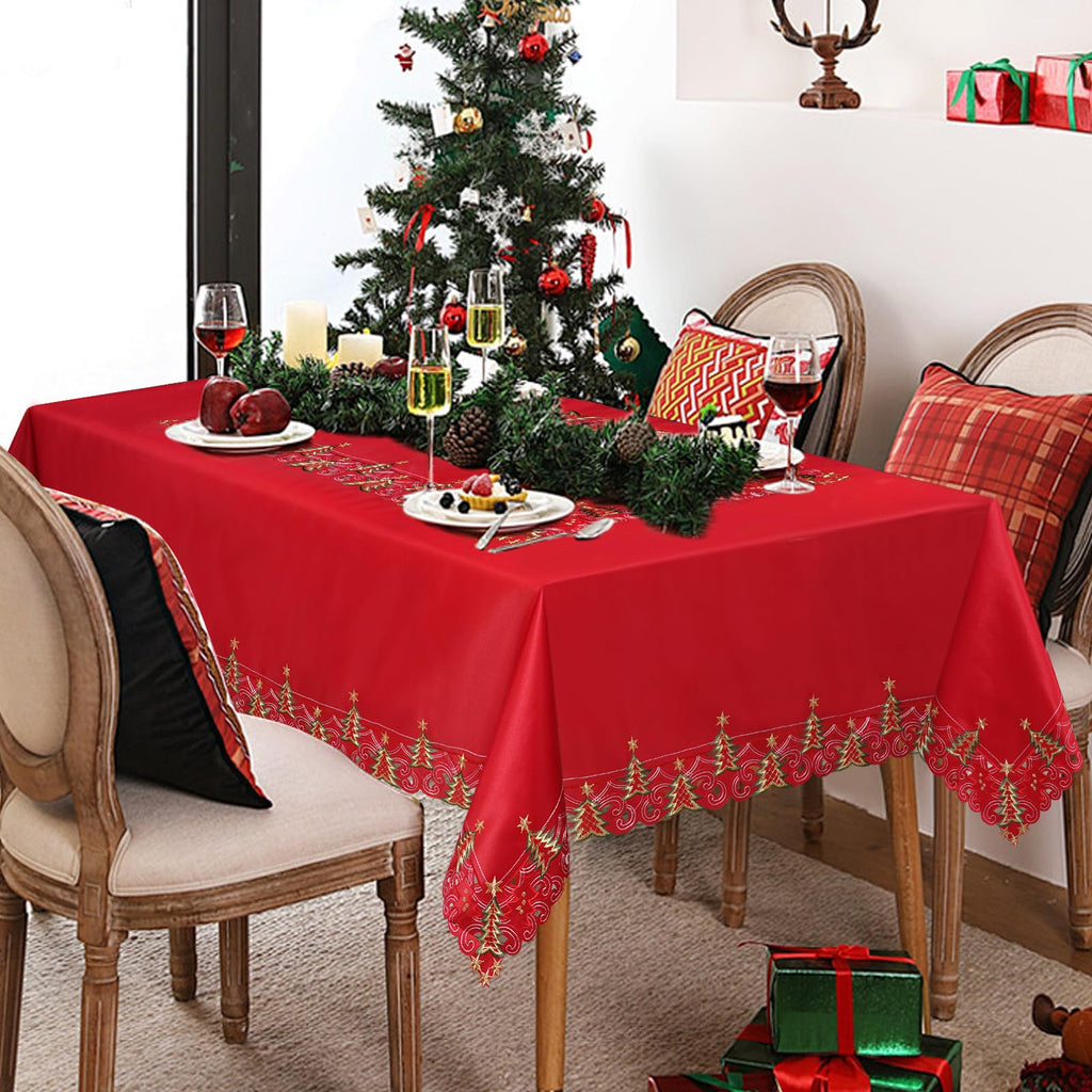 Embroidered Rectangle Christmas Tablecloth, 60 x 84 Inches, Red