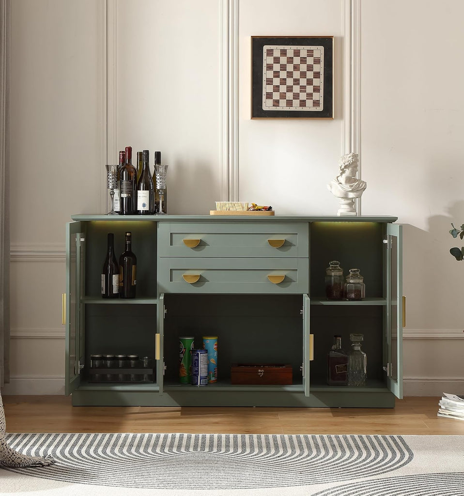 58.27'' Buffet Cabinet with 2 Drawers,LED and Adjustable Shelves,Large Glass Door Coffee Bar Cabinet with