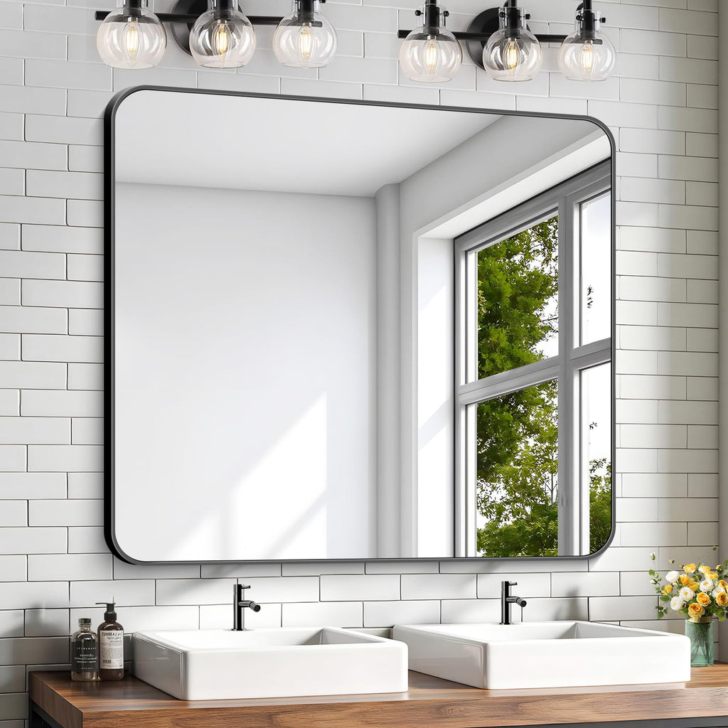 Bathroom Mirror 36"x40", Black Rectangle Mirrors for Wall, Large Metal Framed Vanity Mirror with Rounded Corner