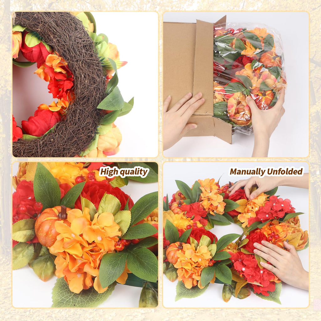 18In Fall Wreaths for Front Door, Bright Pumpkin Hydrangea Wreath, Peony Wreaths for Front Door Indoor Outdoor Autumn