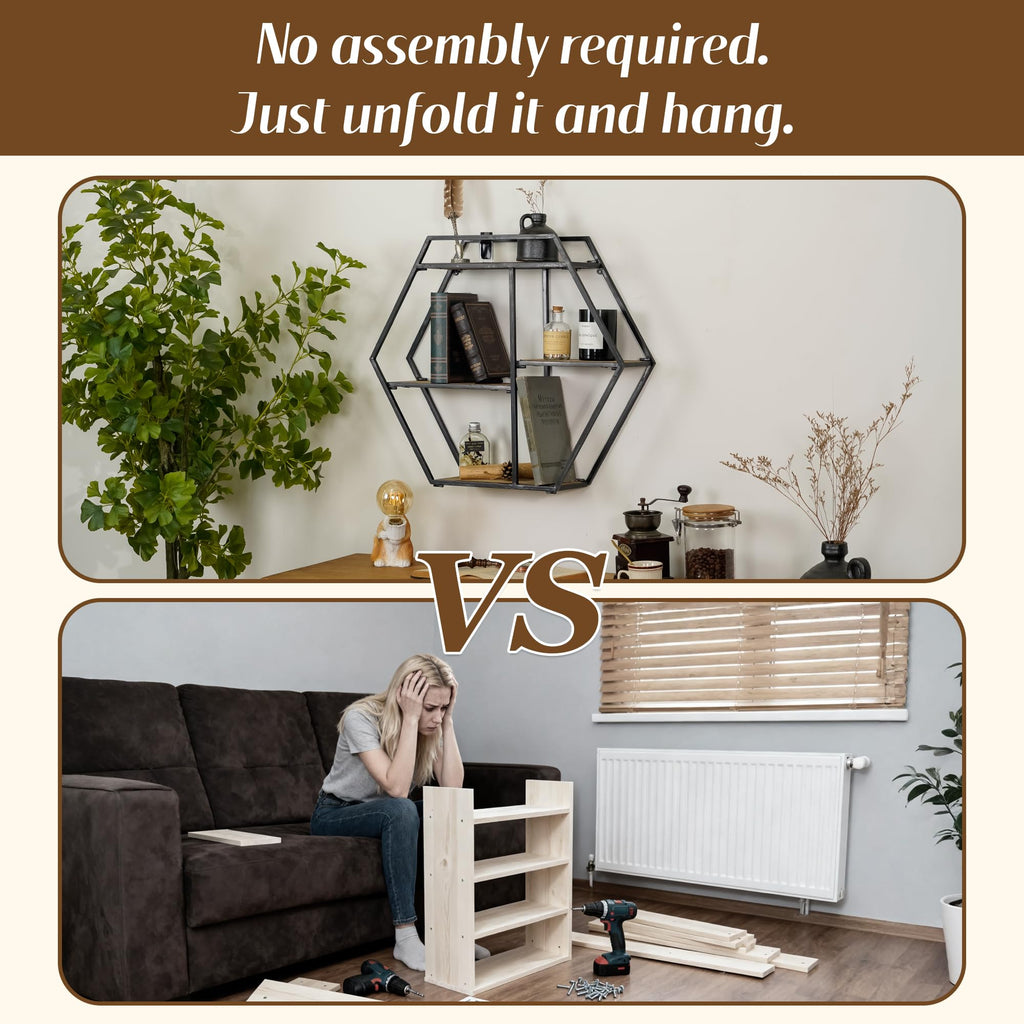 4 Tier Industrial Style Foldable Hexagon-Shaped Wall Shelves